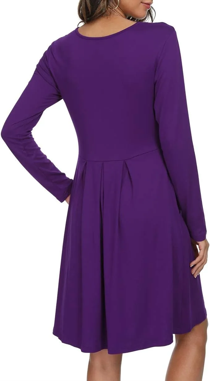 DouBCQ Women's Casual Long Sleeve Flowy Pleated Fall Dresses with Pockets