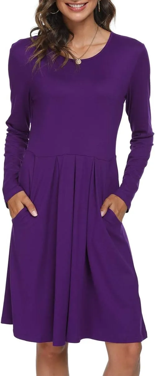 DouBCQ Women's Casual Long Sleeve Flowy Pleated Fall Dresses with Pockets