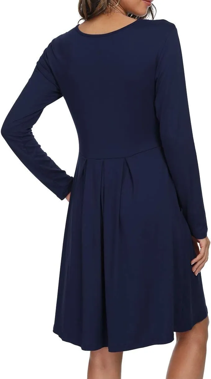 DouBCQ Women's Casual Long Sleeve Flowy Pleated Fall Dresses with Pockets