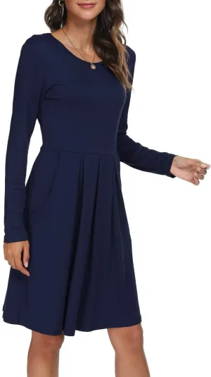 DouBCQ Women's Casual Long Sleeve Flowy Pleated Fall Dresses with Pockets