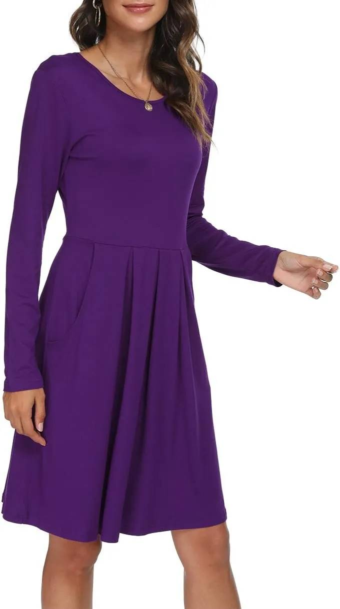 DouBCQ Women's Casual Long Sleeve Flowy Pleated Fall Dresses with Pockets