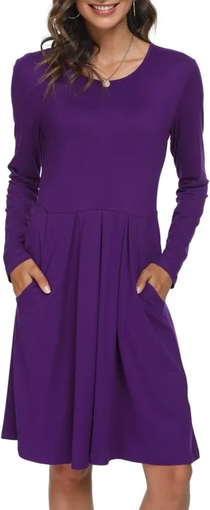 DouBCQ Women's Casual Long Sleeve Flowy Pleated Fall Dresses with Pockets