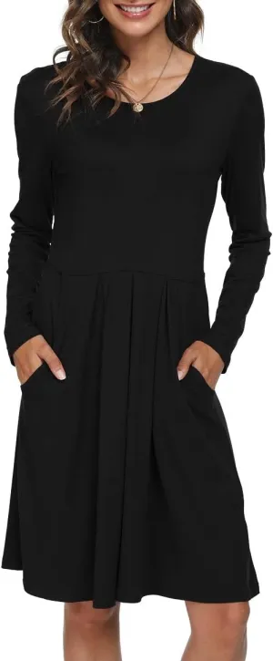 DouBCQ Women's Casual Long Sleeve Flowy Pleated Fall Dresses with Pockets