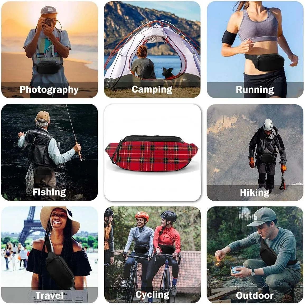 Dujiea Fanny Pack, Christmas Plaid Waist Bag with Headphone Hole Belt Bag Adjustable Sling Pocket Fashion Hip Bum Bag for Women Men Kids Outdoors Casual Travelling Hiking Cycling