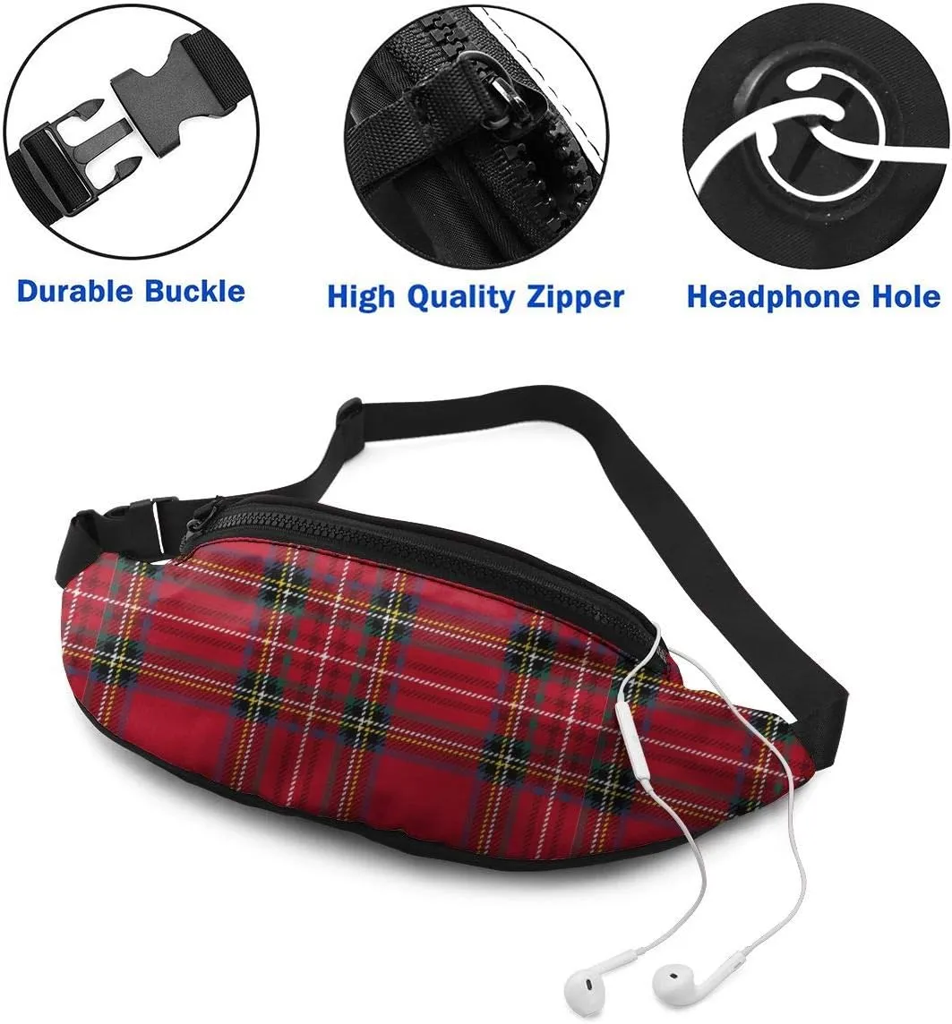 Dujiea Fanny Pack, Christmas Plaid Waist Bag with Headphone Hole Belt Bag Adjustable Sling Pocket Fashion Hip Bum Bag for Women Men Kids Outdoors Casual Travelling Hiking Cycling