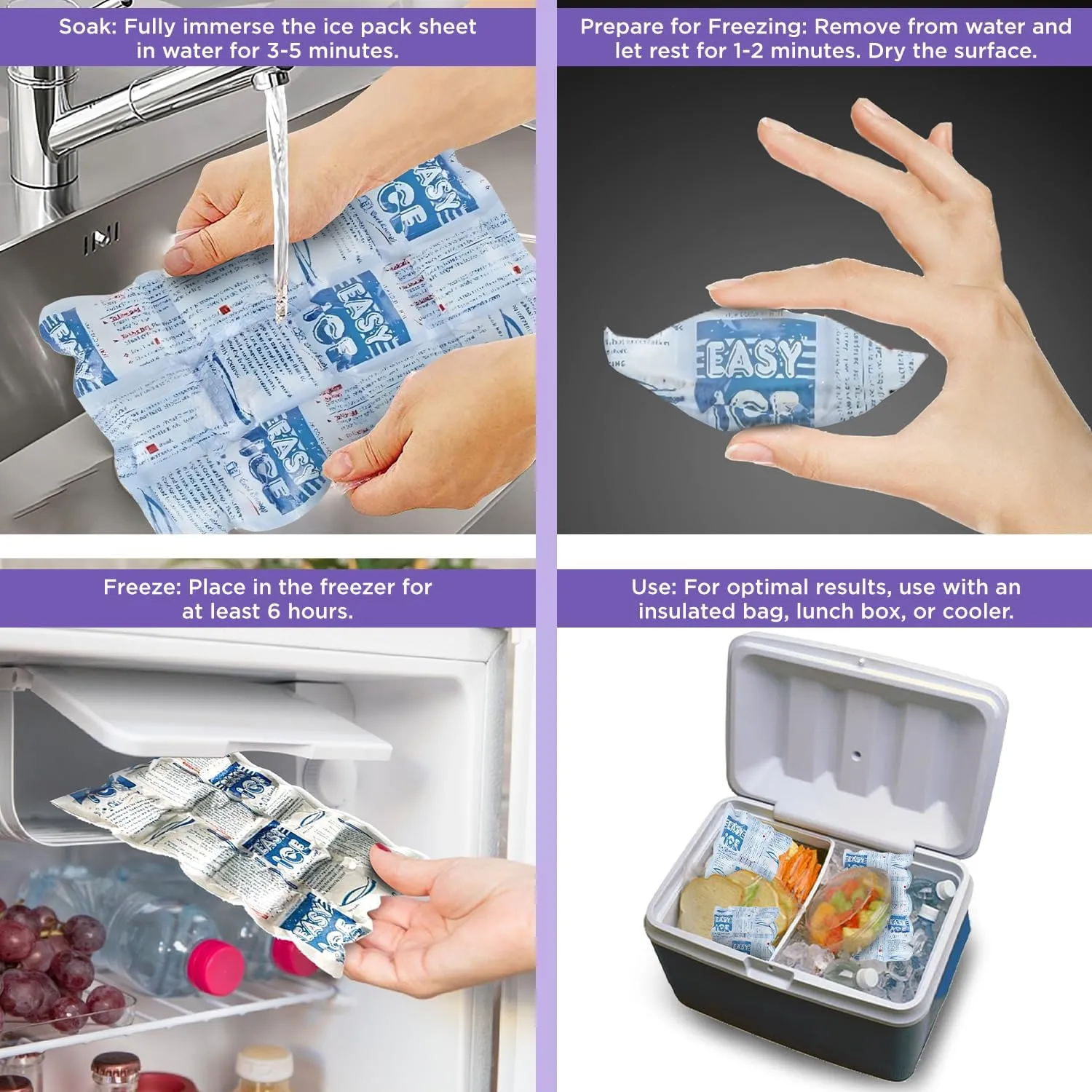 Easy Ice Reusable Ice and Heat Packs for Injuries, 4Ply Gel Sheets for Shipping, Coolers Long-Lasting Freezer Packs for Food, Beverages and Medicine Keeps Items Fresh, Ideal for Travel- (10"x7")
