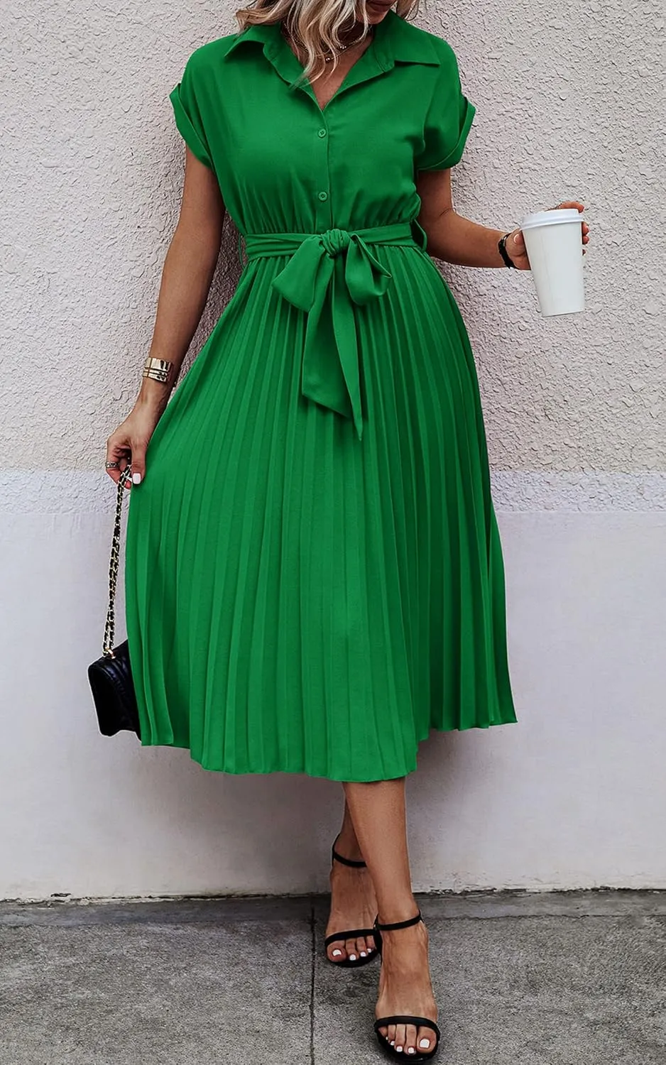 ECOWISH Womens Casual Midi Dresses Solid V Neck Short Sleeve Button Shirt Belted Dress with Pockets for Spring Summer 2025