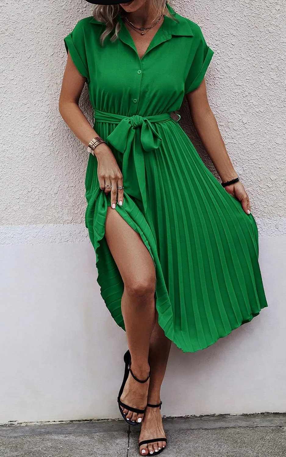 ECOWISH Womens Casual Midi Dresses Solid V Neck Short Sleeve Button Shirt Belted Dress with Pockets for Spring Summer 2025
