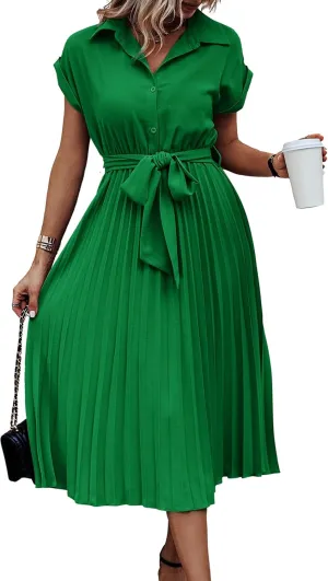 ECOWISH Womens Casual Midi Dresses Solid V Neck Short Sleeve Button Shirt Belted Dress with Pockets for Spring Summer 2025