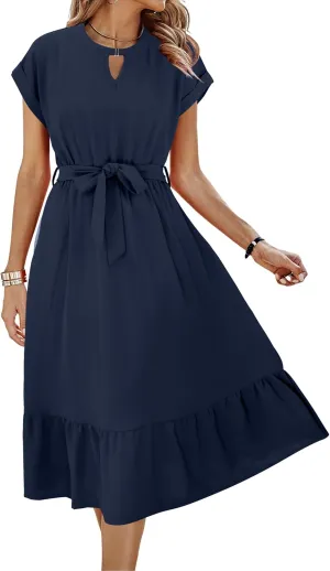 ECOWISH Womens Casual Midi Dresses Solid V Neck Short Sleeve Button Shirt Belted Dress with Pockets for Spring Summer 2025