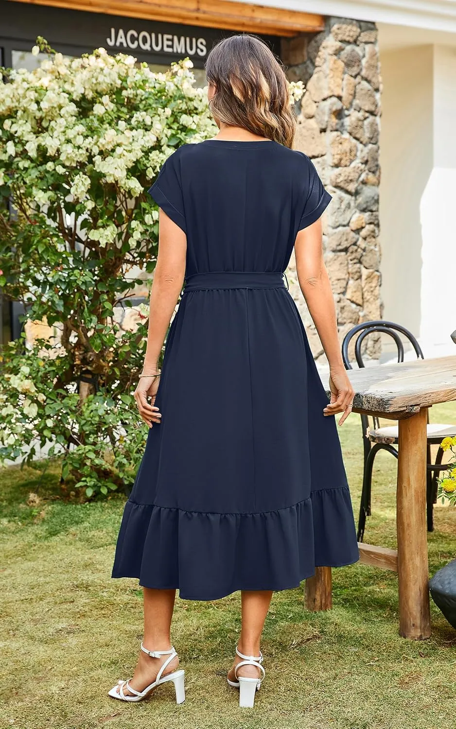 ECOWISH Womens Casual Midi Dresses Solid V Neck Short Sleeve Button Shirt Belted Dress with Pockets for Spring Summer 2025