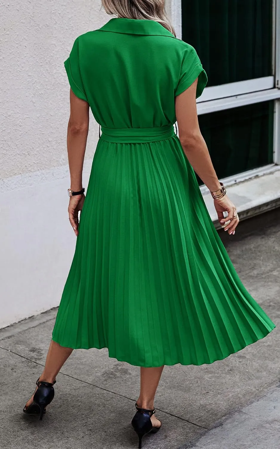 ECOWISH Womens Casual Midi Dresses Solid V Neck Short Sleeve Button Shirt Belted Dress with Pockets for Spring Summer 2025
