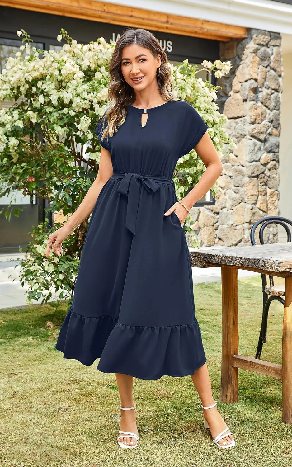 ECOWISH Womens Casual Midi Dresses Solid V Neck Short Sleeve Button Shirt Belted Dress with Pockets for Spring Summer 2025