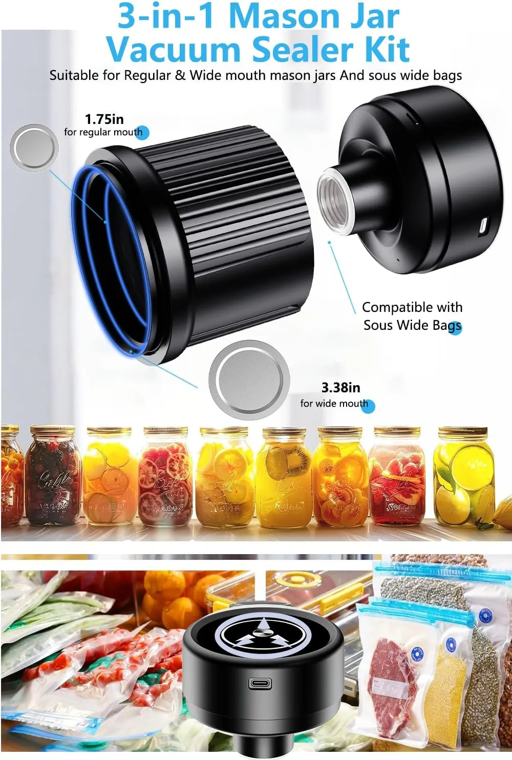 Electric Mason Jar Vacuum Sealer Kit Auto Stop Fully Automatic Fits Wide and Regular Mouth 3 IN 1 Design For Canning Jar And Sous Vide Bags (Black)
