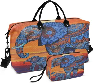 Elephant Family Sunset Sports Gym Bag for Women Men Travel Duffel Bag Weekend Overnight Carry on Bag with Toiletry Bag Air Travel Bag for Workout Swimming Yoga Plane Hospital
