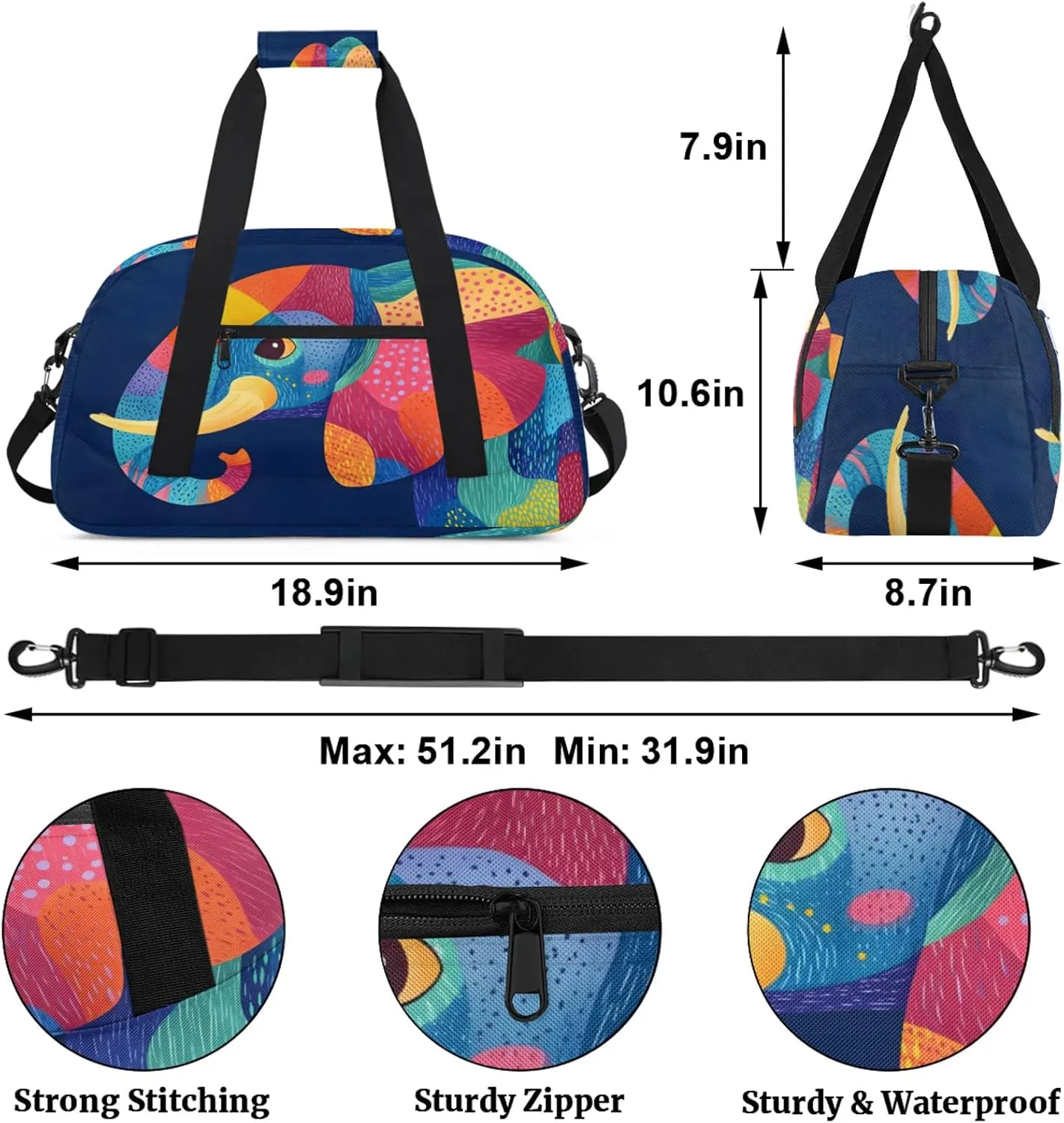 Elephant Sports Duffle Gym Bags for Men or Women, Wild Animal Lightweight Carry On Overnight Weekender Bag for Travel Workout