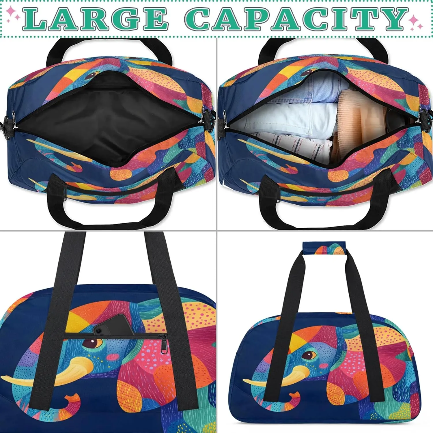 Elephant Sports Duffle Gym Bags for Men or Women, Wild Animal Lightweight Carry On Overnight Weekender Bag for Travel Workout