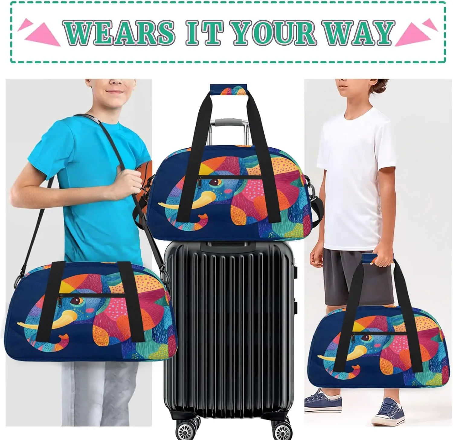 Elephant Sports Duffle Gym Bags for Men or Women, Wild Animal Lightweight Carry On Overnight Weekender Bag for Travel Workout