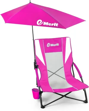 EMERIT Low Beach Chairs for Adults, Sling Beach Chair with Umberalla, Folding Backpack Camping Chair with Cup Holder