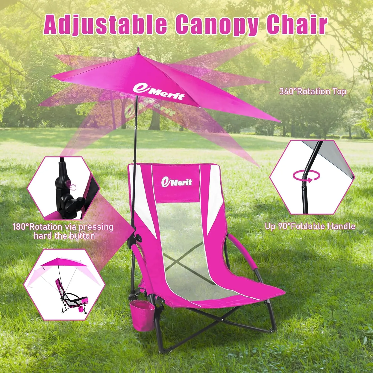 EMERIT Low Beach Chairs for Adults, Sling Beach Chair with Umberalla, Folding Backpack Camping Chair with Cup Holder