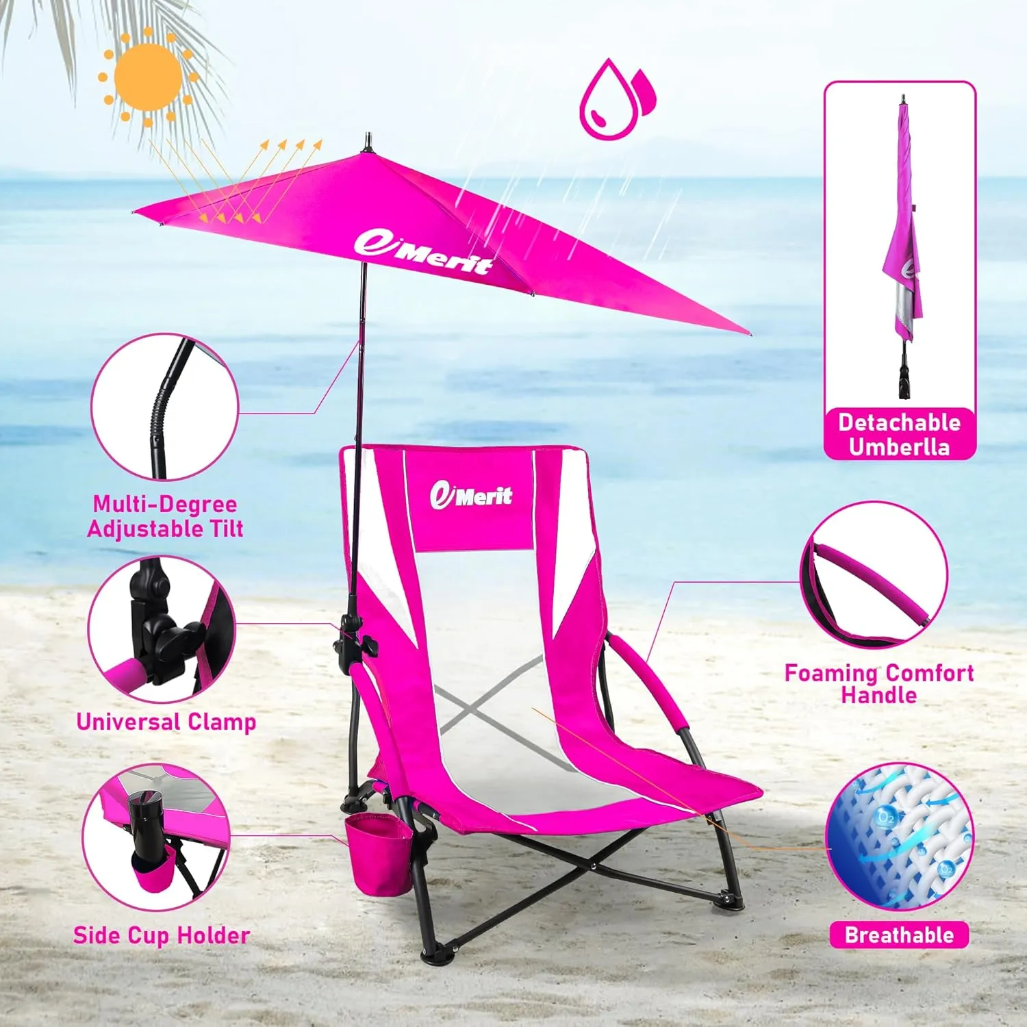 EMERIT Low Beach Chairs for Adults, Sling Beach Chair with Umberalla, Folding Backpack Camping Chair with Cup Holder