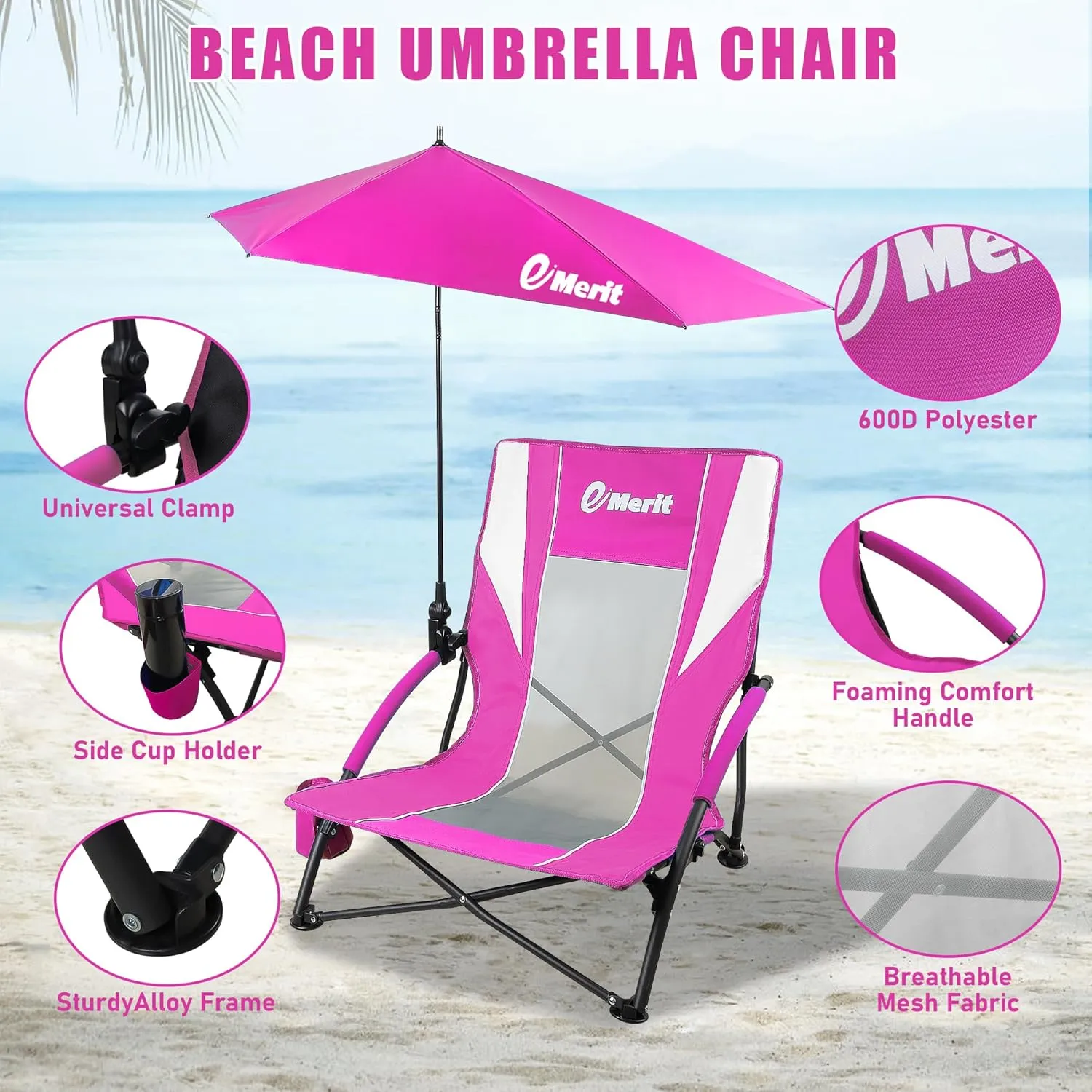 EMERIT Low Beach Chairs for Adults, Sling Beach Chair with Umberalla, Folding Backpack Camping Chair with Cup Holder