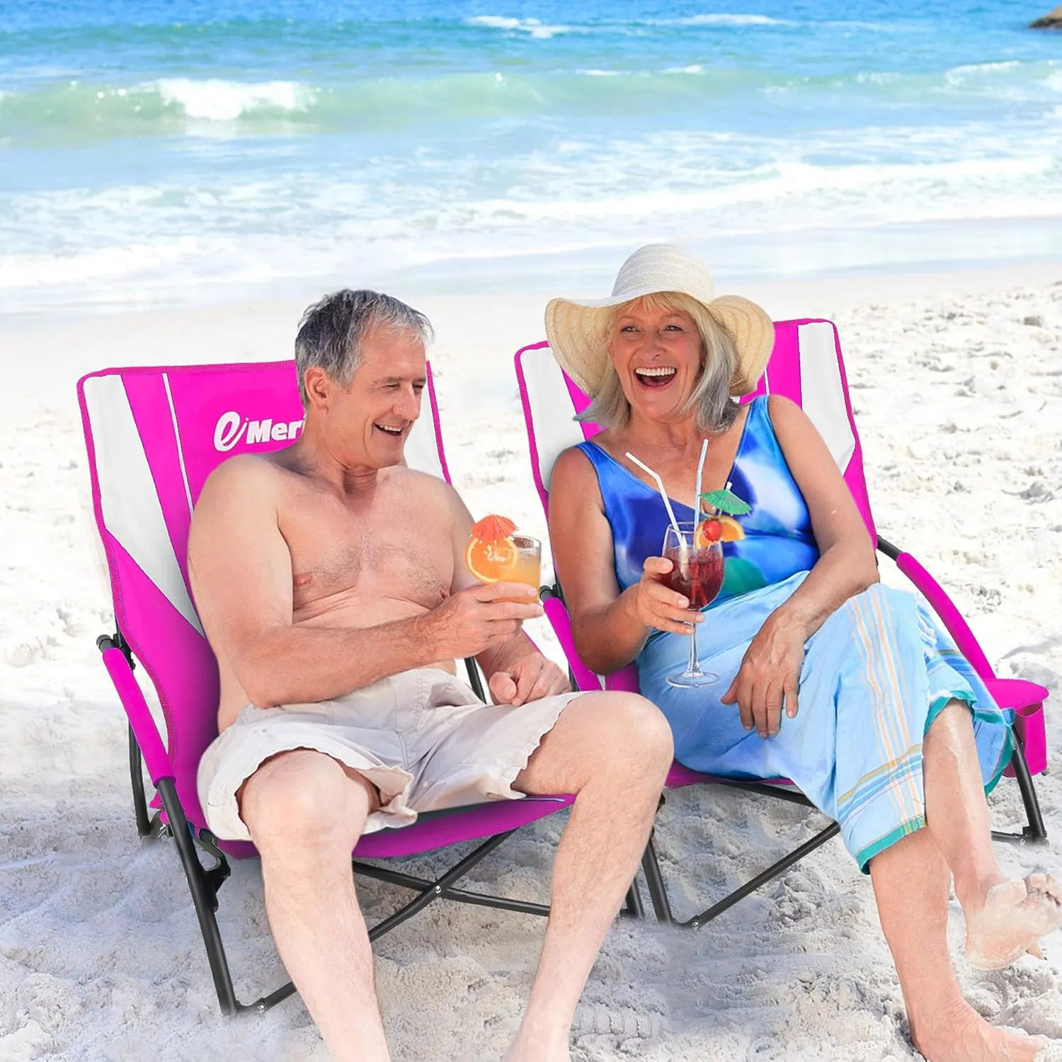 EMERIT Low Beach Chairs for Adults, Sling Beach Chair with Umberalla, Folding Backpack Camping Chair with Cup Holder