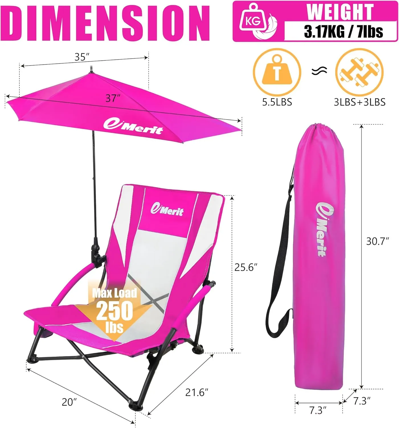 EMERIT Low Beach Chairs for Adults, Sling Beach Chair with Umberalla, Folding Backpack Camping Chair with Cup Holder