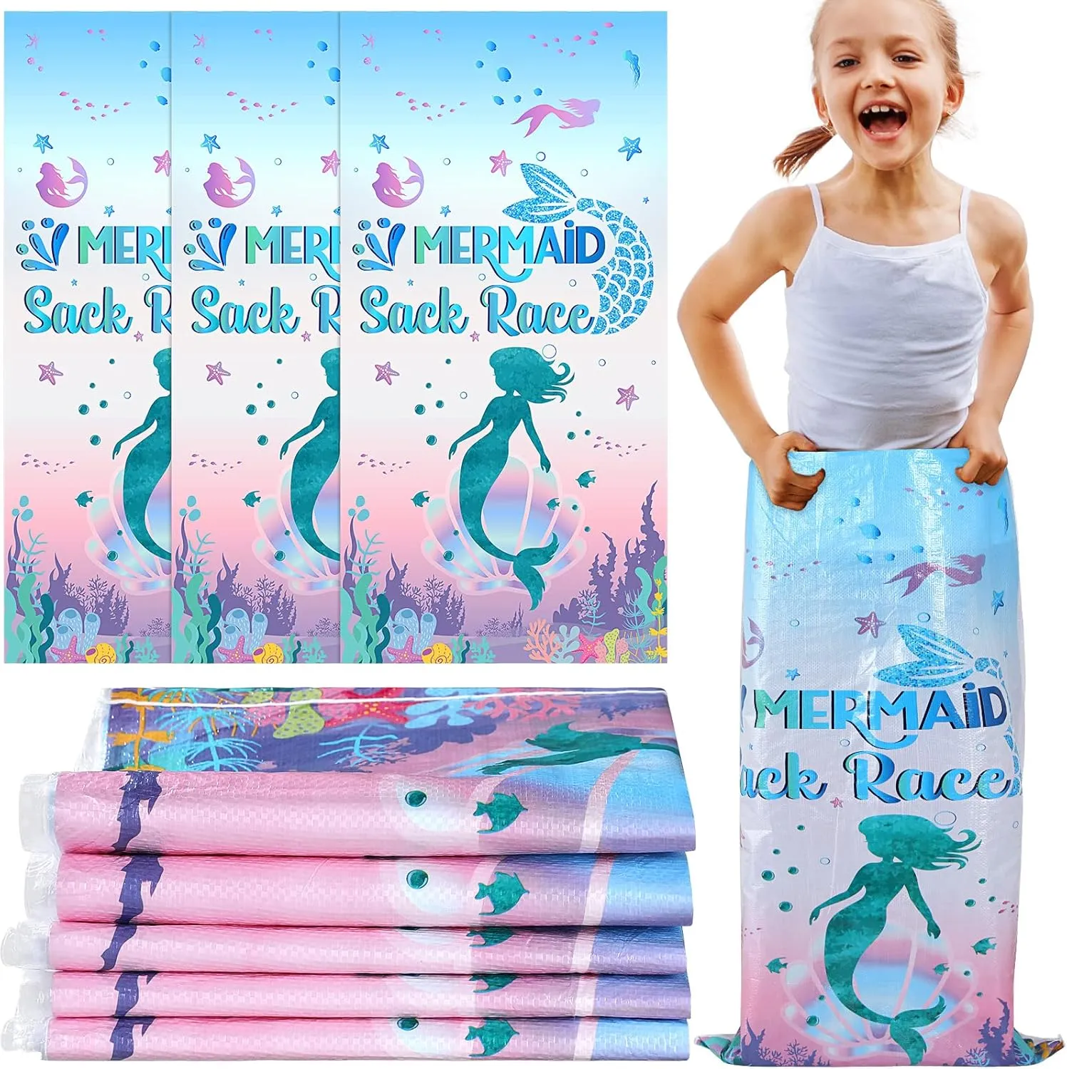 Epakh 10 Pcs Ocean Potato Sack Race Bags, Mermaid Shark Birthday Party Supplies Favors, Outdoor Games Beach Jumping Bags for Summer Beach Tropical Party(Mermaid)