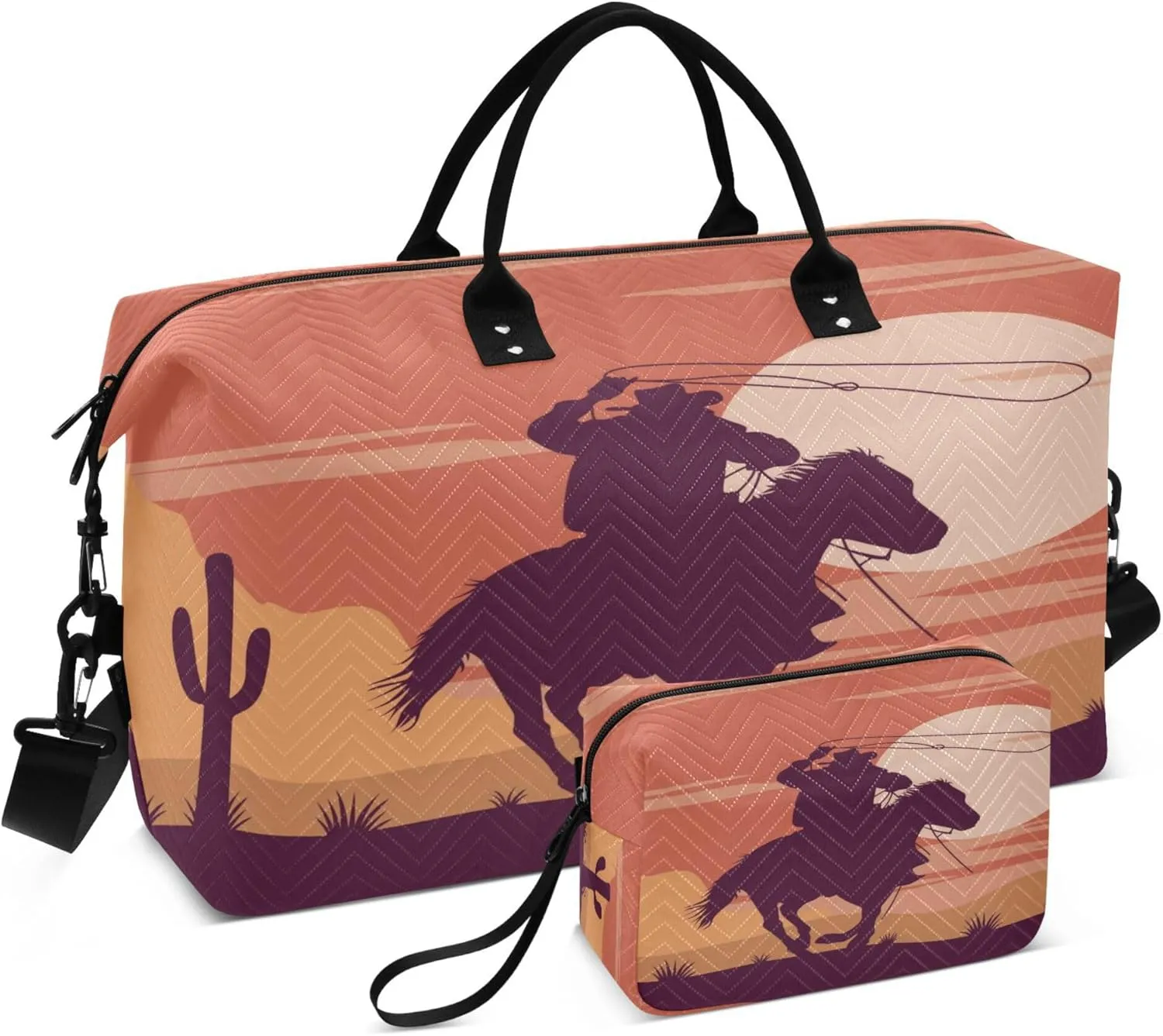Exnundod Cowboy Riding Horses Travel Duffel Bags for Women Desert Sunset Sports Gym Bag Weekender Carry On Tote Overnight Luggage Duffle Bags