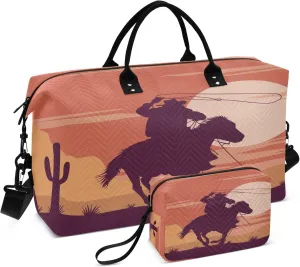 Exnundod Cowboy Riding Horses Travel Duffel Bags for Women Desert Sunset Sports Gym Bag Weekender Carry On Tote Overnight Luggage Duffle Bags