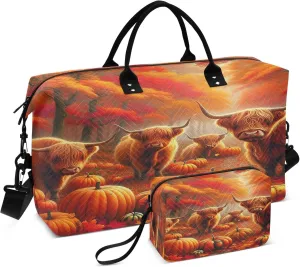 Exnundod Women Weekender Bags Fall Pumpkin Highland Cow Travel Duffel Bags Carry On Overnight Bag Harvest Season Large Hospital Tote Luggage