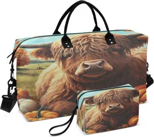 Exnundod Women Weekender Bags Harvest Autumn Highland Cow Travel Duffel Bags Carry On Overnight Bag Pumpkin Leaves Large Hospital Tote Luggage