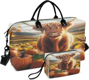 Exnundod Women Weekender Bags Harvest Pumpkin Highland Cow Travel Duffel Bags Carry On Overnight Bag Red Leaves Large Hospital Tote Luggage
