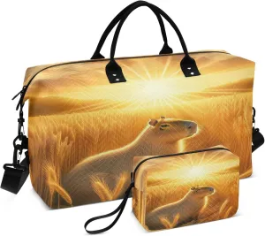 Exnundod Women Weekender Bags Sunset Capybara Travel Duffel Bags Carry On Overnight Bag Wheat Paddock Large Hospital Tote Luggage