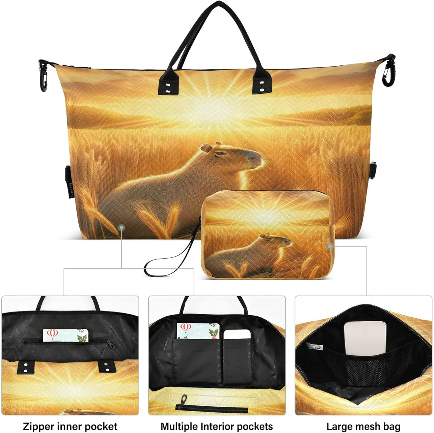 Exnundod Women Weekender Bags Sunset Capybara Travel Duffel Bags Carry On Overnight Bag Wheat Paddock Large Hospital Tote Luggage