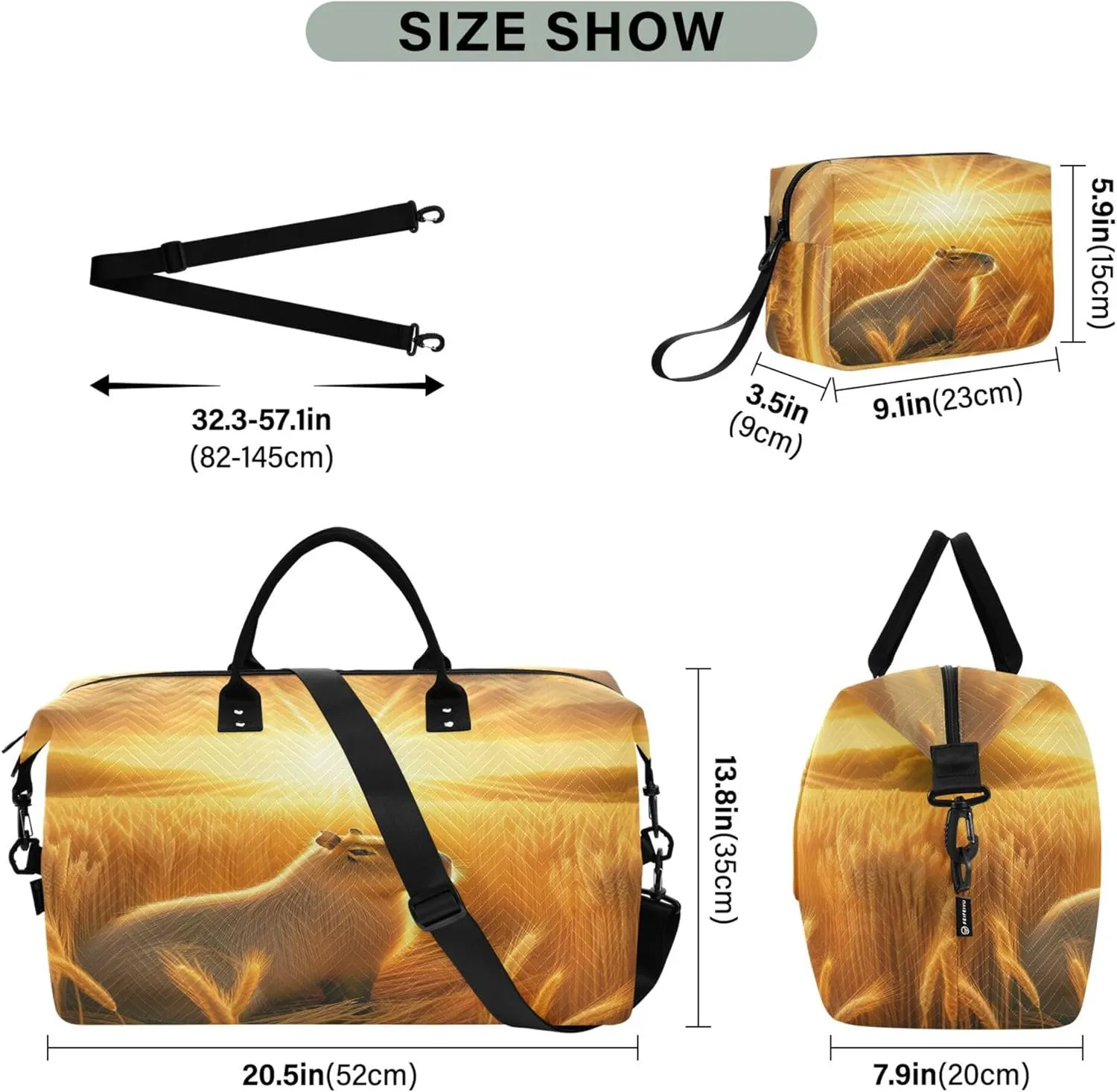 Exnundod Women Weekender Bags Sunset Capybara Travel Duffel Bags Carry On Overnight Bag Wheat Paddock Large Hospital Tote Luggage