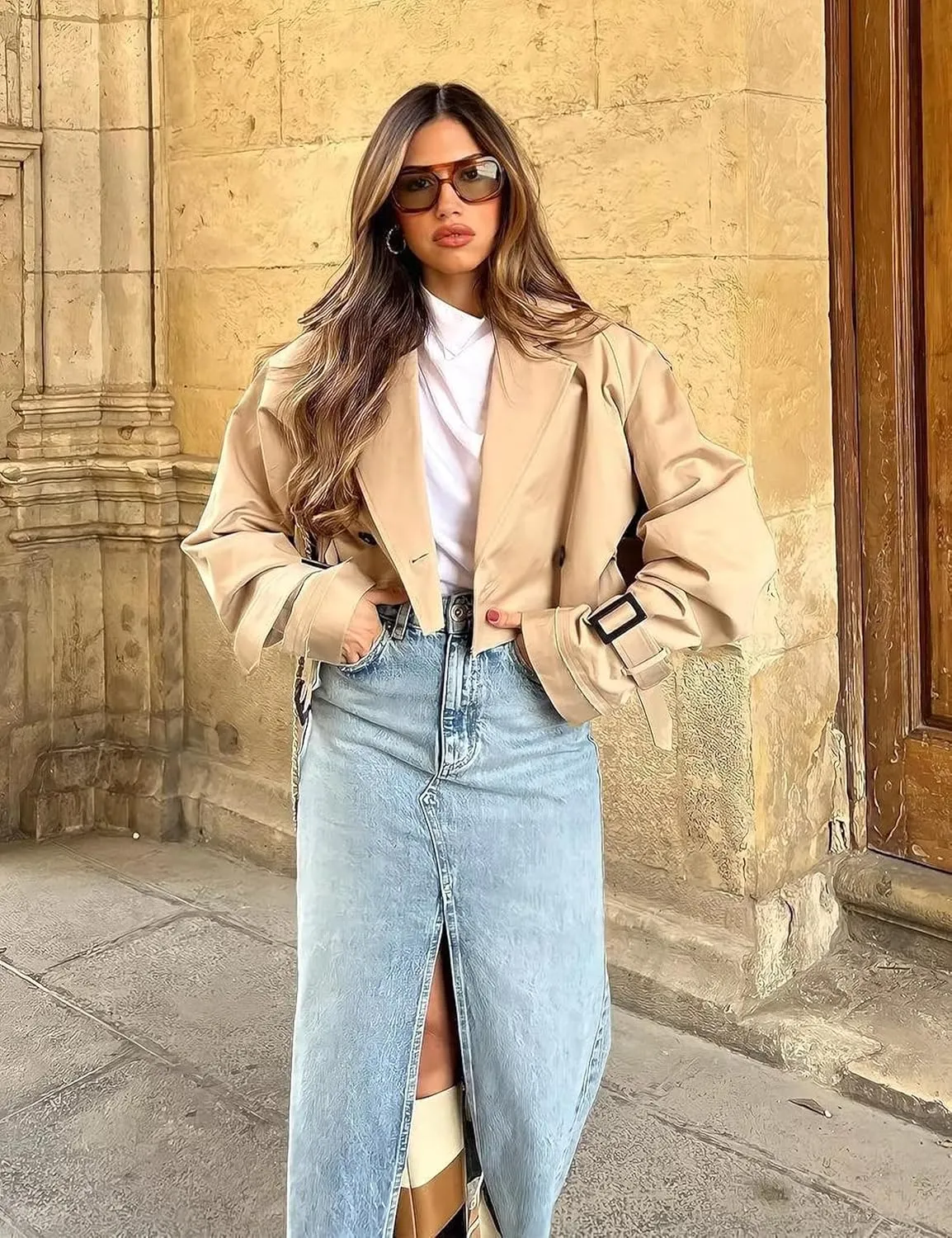 Faleave Womens Cropped Jacket Long Sleeve Belted Trench Coat Solid Color