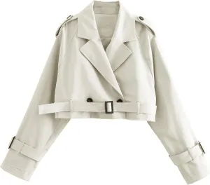 Faleave Womens Cropped Jacket Long Sleeve Belted Trench Coat Solid Color