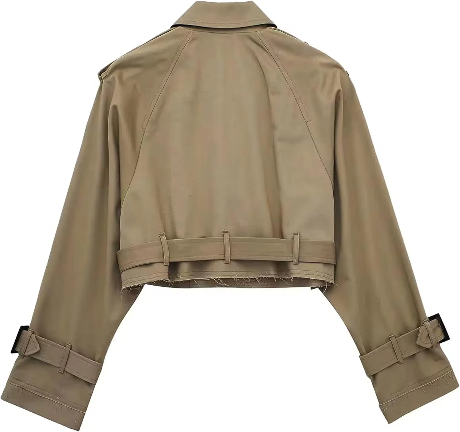Faleave Womens Cropped Jacket Long Sleeve Belted Trench Coat Solid Color