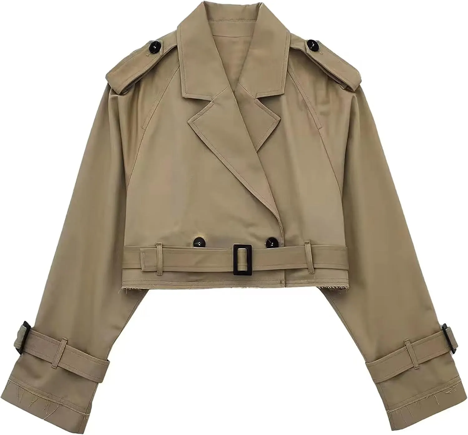 Faleave Womens Cropped Jacket Long Sleeve Belted Trench Coat Solid Color