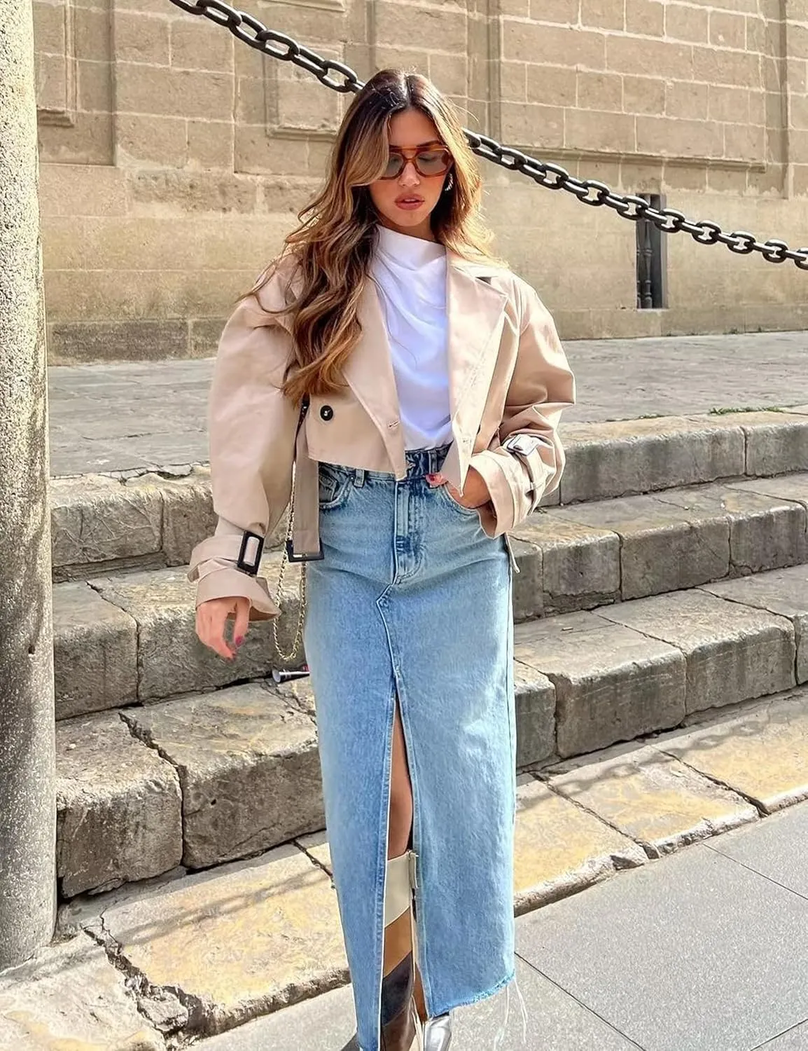 Faleave Womens Cropped Jacket Long Sleeve Belted Trench Coat Solid Color