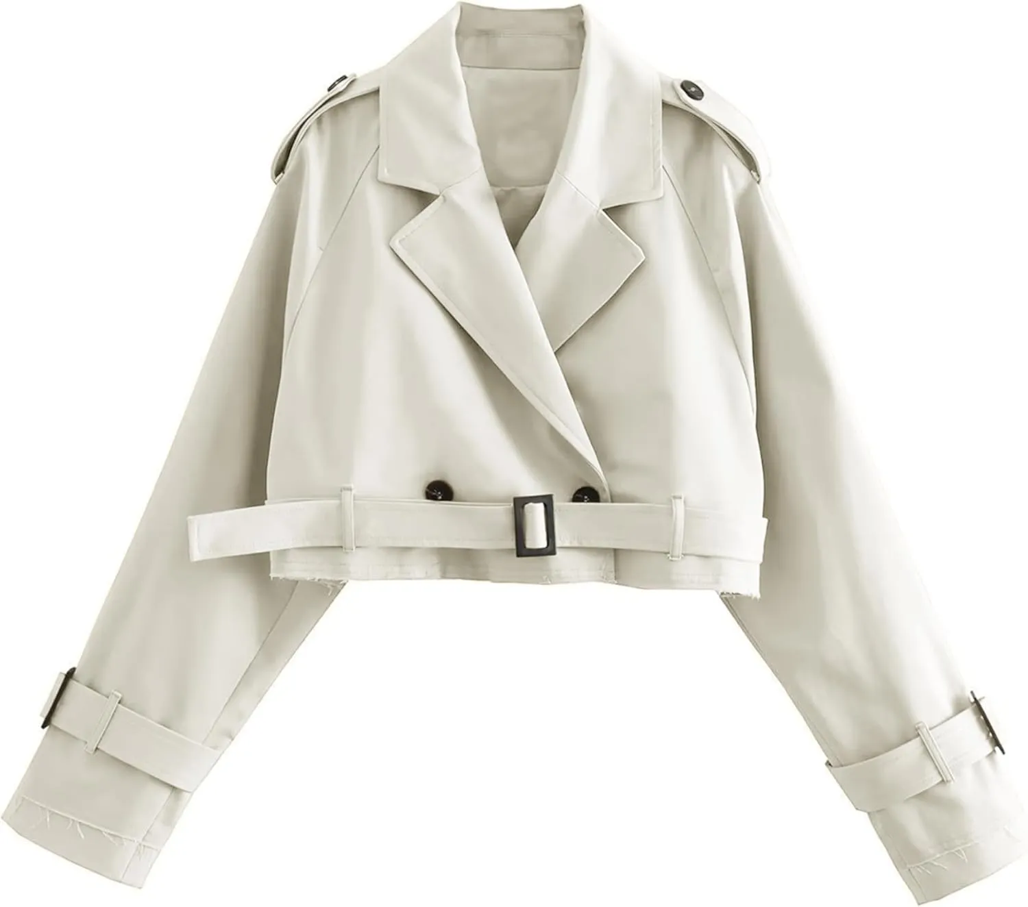 Faleave Womens Cropped Jacket Long Sleeve Belted Trench Coat Solid Color