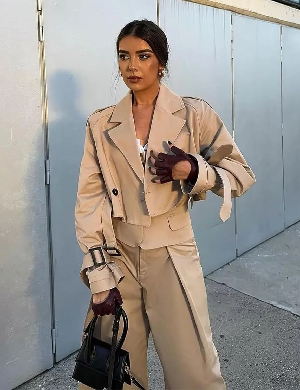 Faleave Womens Cropped Jacket Long Sleeve Belted Trench Coat Solid Color