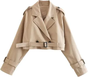 Faleave Womens Cropped Jacket Long Sleeve Belted Trench Coat Solid Color
