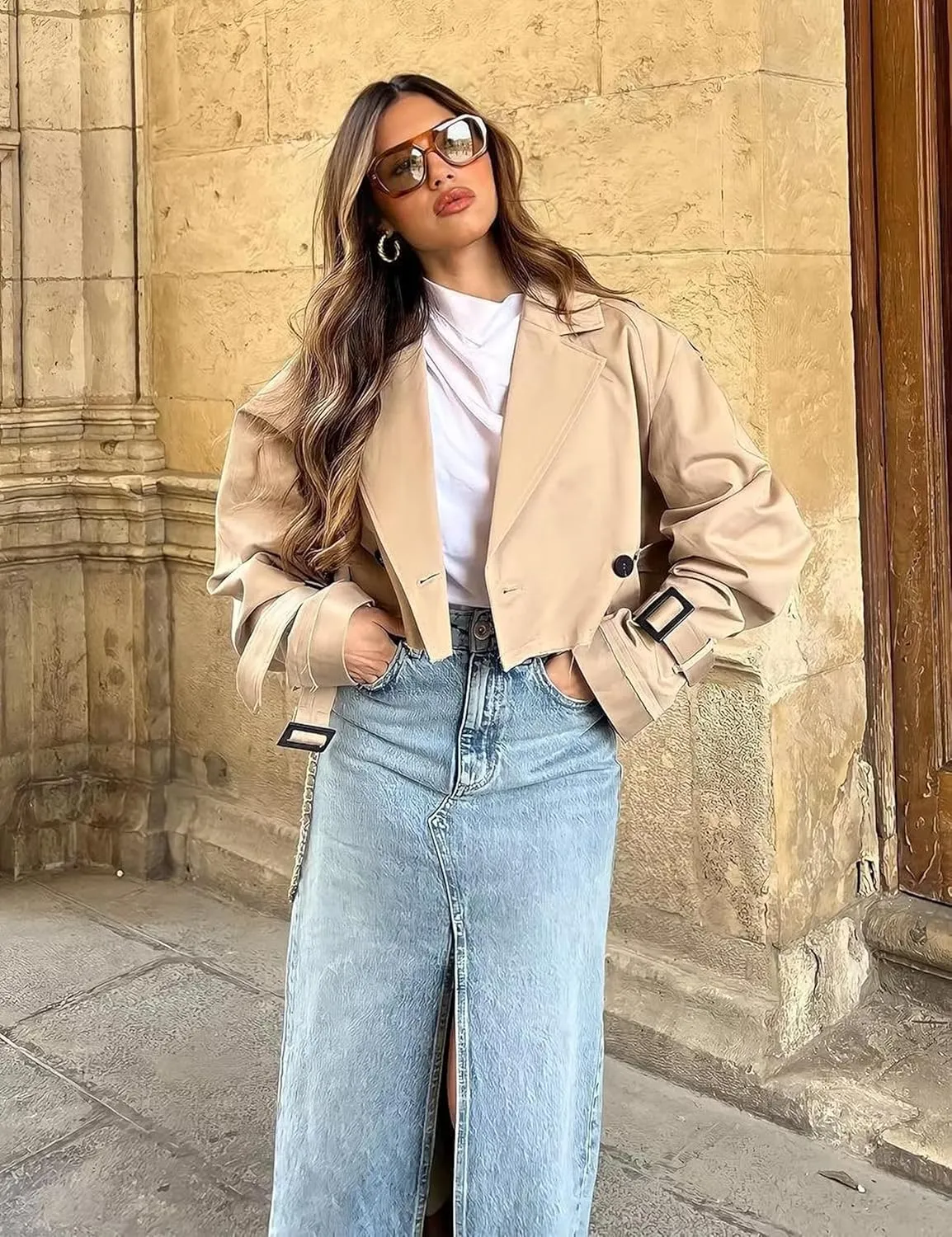 Faleave Womens Cropped Jacket Long Sleeve Belted Trench Coat Solid Color