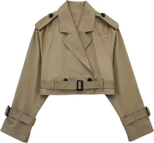 Faleave Womens Cropped Jacket Long Sleeve Belted Trench Coat Solid Color