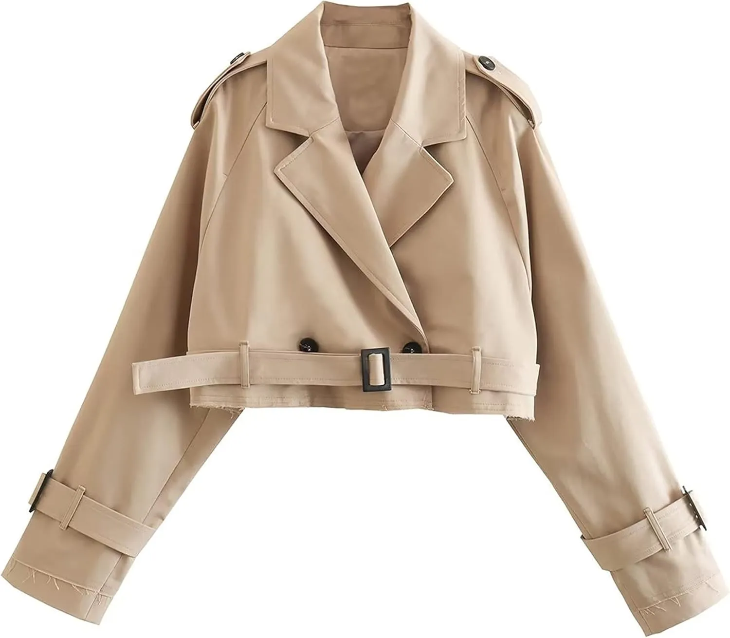 Faleave Womens Cropped Jacket Long Sleeve Belted Trench Coat Solid Color