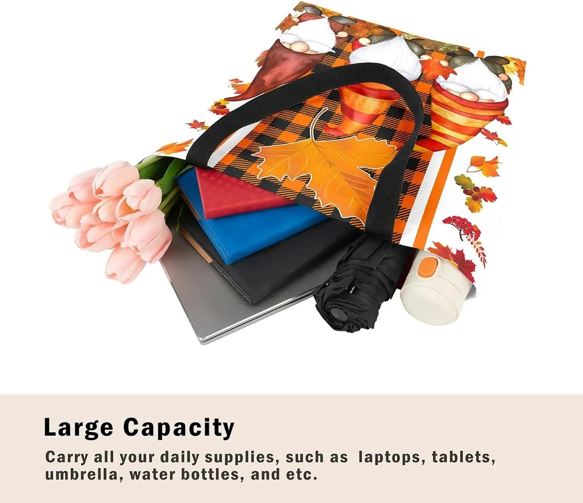 Fall Gnome Canvas Tote Bag Maple Leaves Sunflower Sandproof Beach Bag,Thanksgiving Pumpkin Handbag for Women