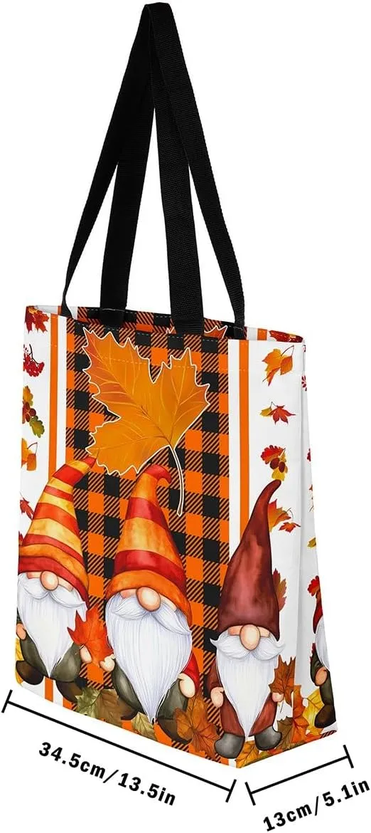 Fall Gnome Canvas Tote Bag Maple Leaves Sunflower Sandproof Beach Bag,Thanksgiving Pumpkin Handbag for Women